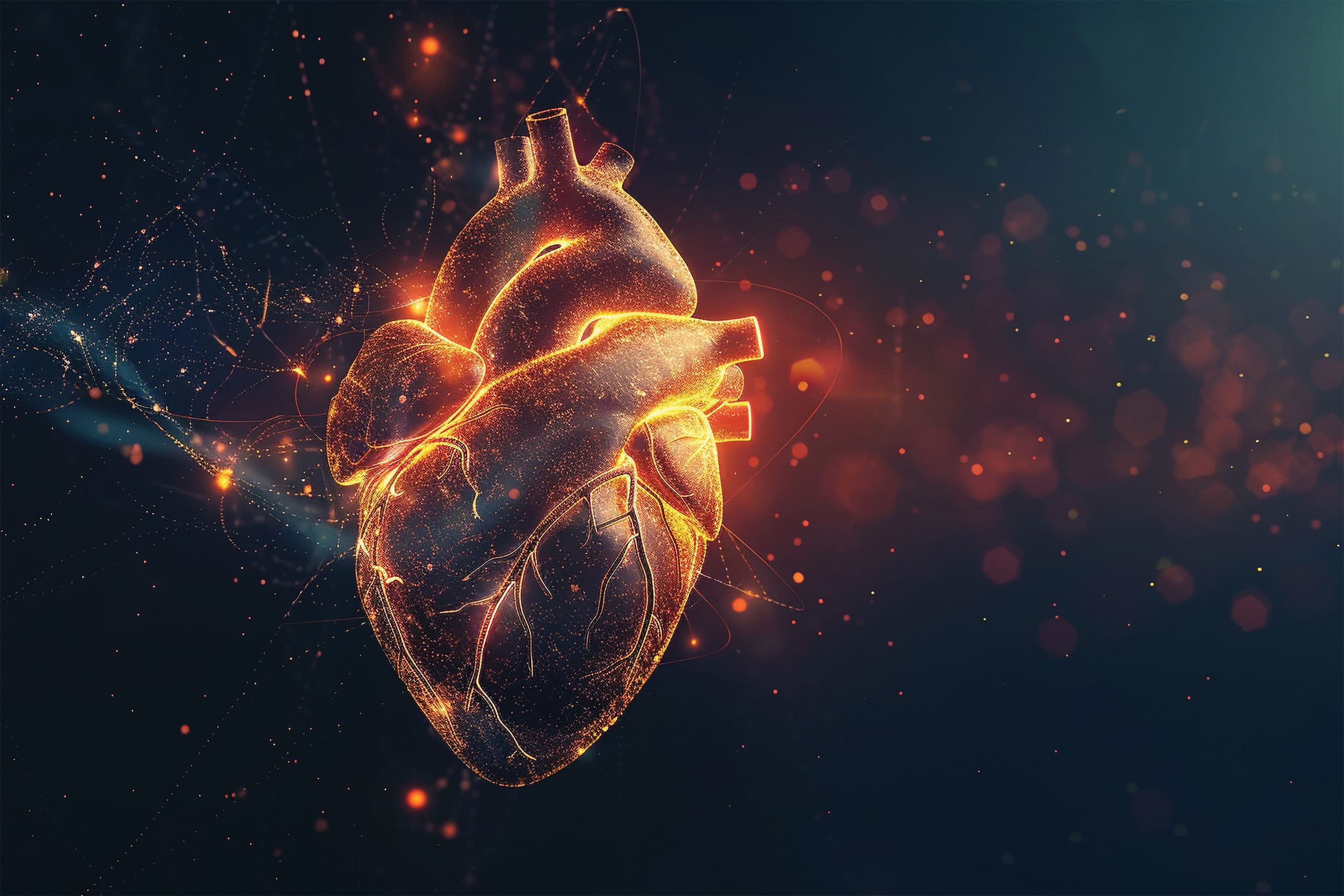A glowing, fiery digital graphic representation of a human heart surrounded by sparks.