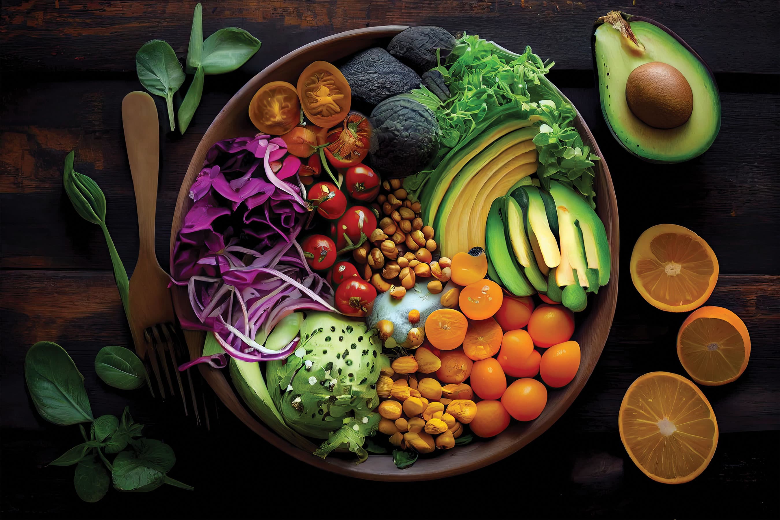 Top-down view of a colorful salad bowl filled with fresh vegetables, seeds, and sliced avocado.